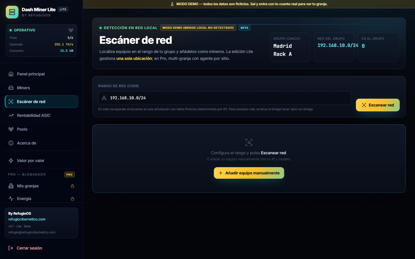 Escáner de red de Dash Miner Lite con equipos detectados (datos de demostración)