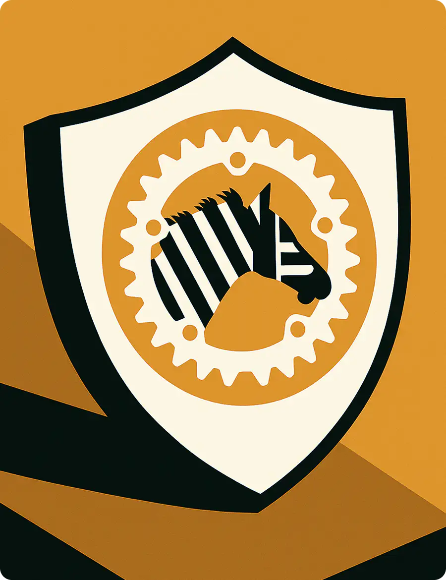 Emblema oficial de Zebra: una cebra dentro de un engranaje y un escudo sobre fondo ocre
