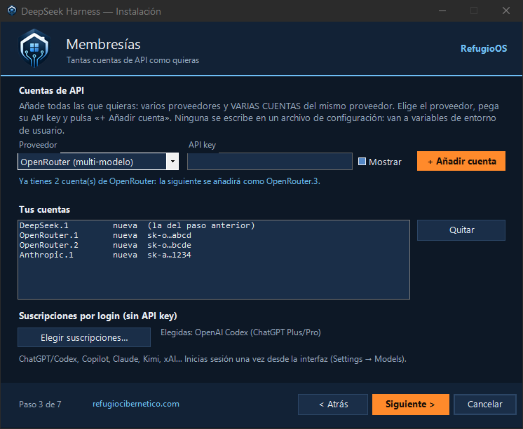 Asistente, paso 3: cuentas de API, con dos cuentas de OpenRouter numeradas