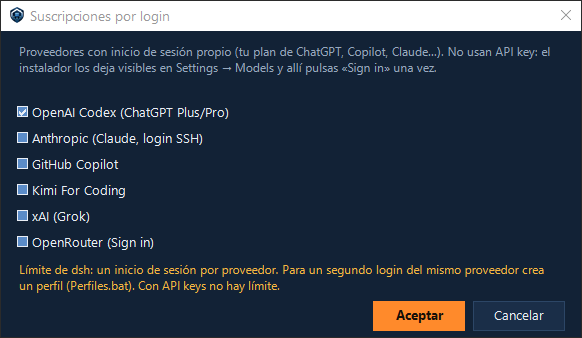 Diálogo de suscripciones por login