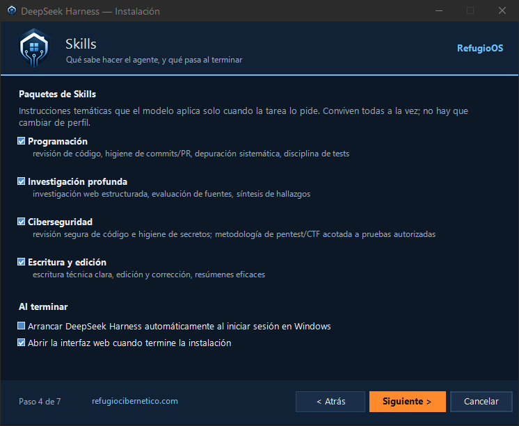 Asistente, paso 4: packs de skills y opciones de arranque