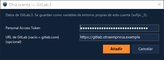 Diálogo «Otra cuenta» de GitLab, con su token y su URL
