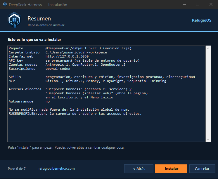Asistente, paso 6: resumen de lo que se va a instalar
