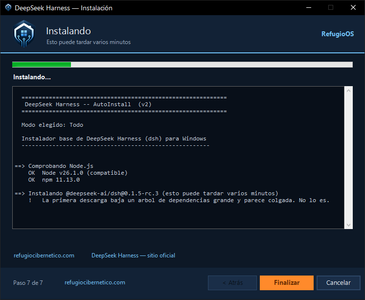 Asistente, paso 7: instalación en marcha
