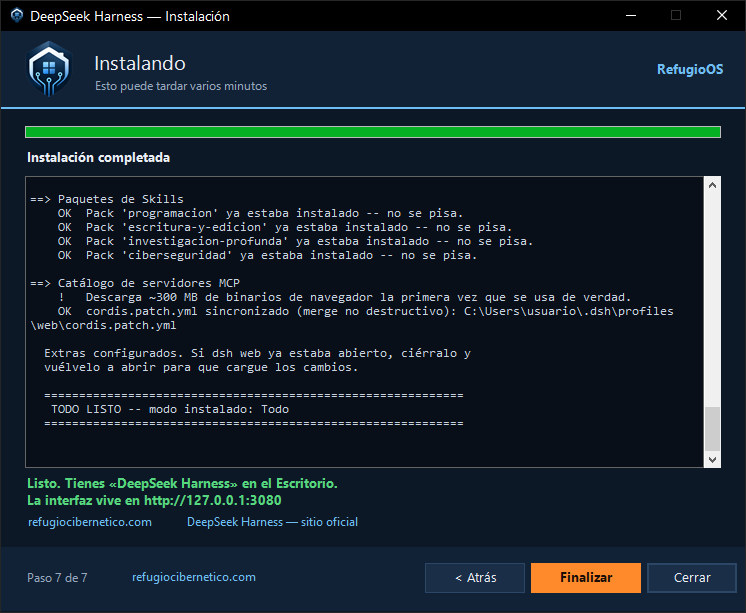 Asistente, paso 7: instalación completada
