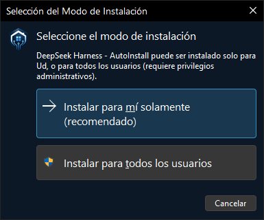 Selección del modo de instalación: «Instalar para mí solamente (recomendado)»