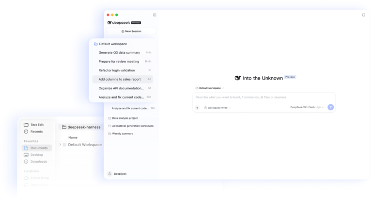 Interfaz web de DeepSeek Harness: lista de sesiones por carpeta de trabajo y cuadro para escribir el encargo