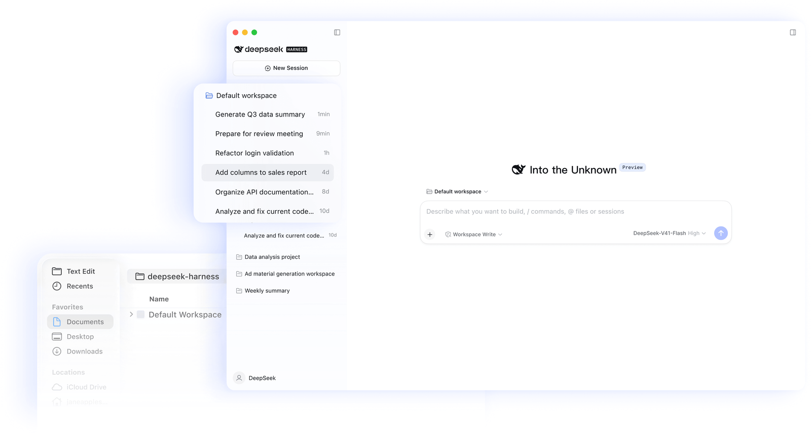 Interfaz web de DeepSeek Harness: lista de sesiones por carpeta de trabajo y cuadro para escribir el encargo